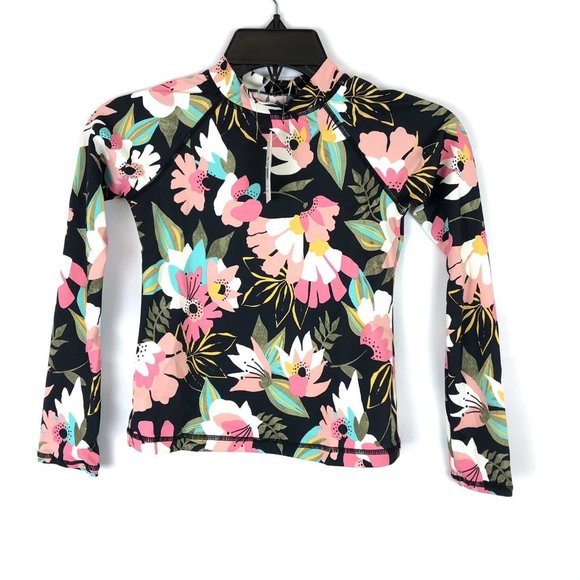 Billabong Girl’s Night Bloom Black Floral Rashguard Swimwear Set, Size 8